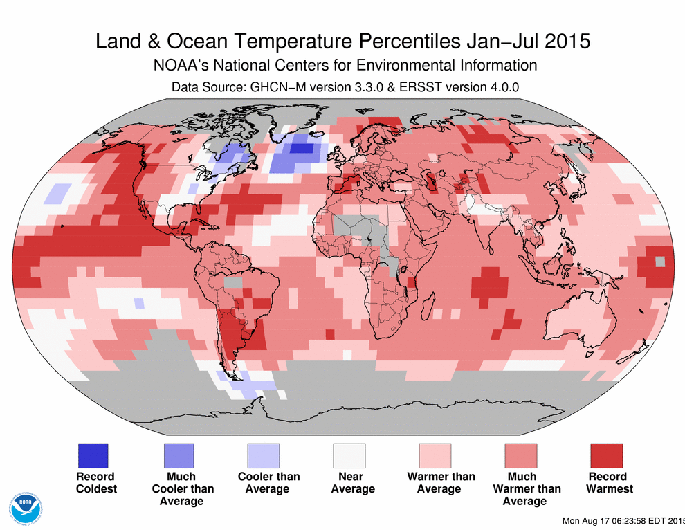 Anomalie de température sur la période Janvier-Juillet 2015