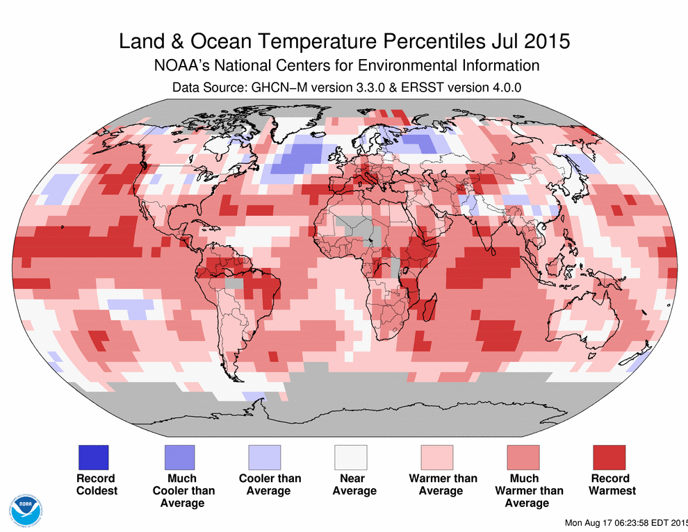 Anomalie de température à travers le globe en Juillet 2015