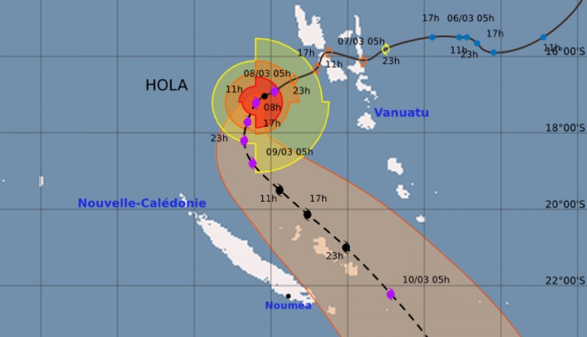 Prévision intensité et trajectoire HOLA ©Météo France NC