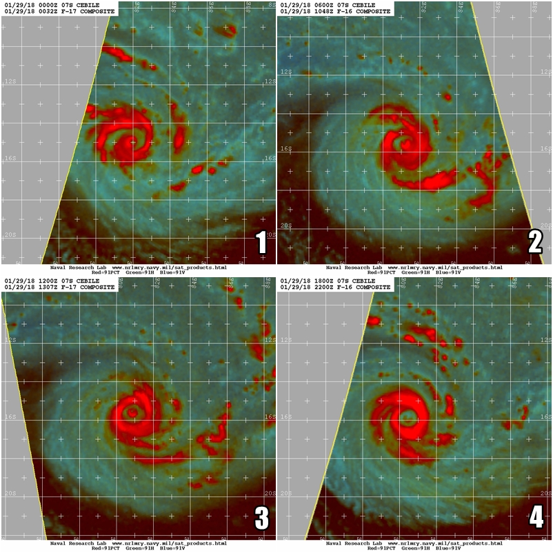 Cycle du mur de l’œil du cyclone CEBILE observé sur les images micro-ondes (NRL)