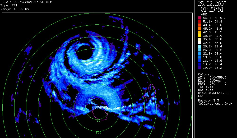Gamede sur le radar de Météo France le 25 02 2007 (Météo France)