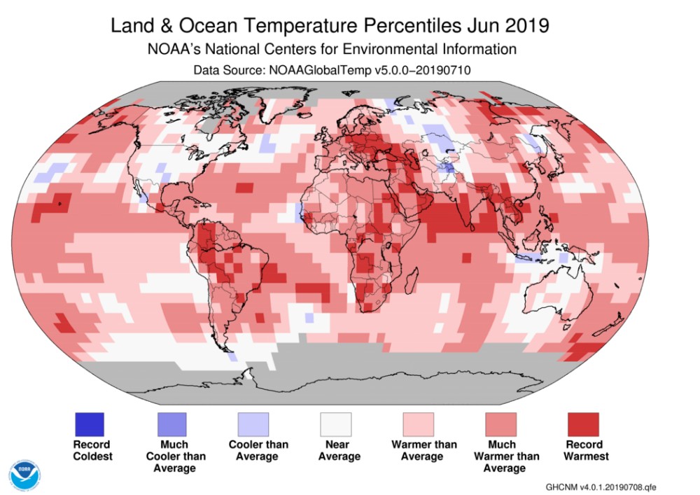 June 2019 global temperature percentiles map