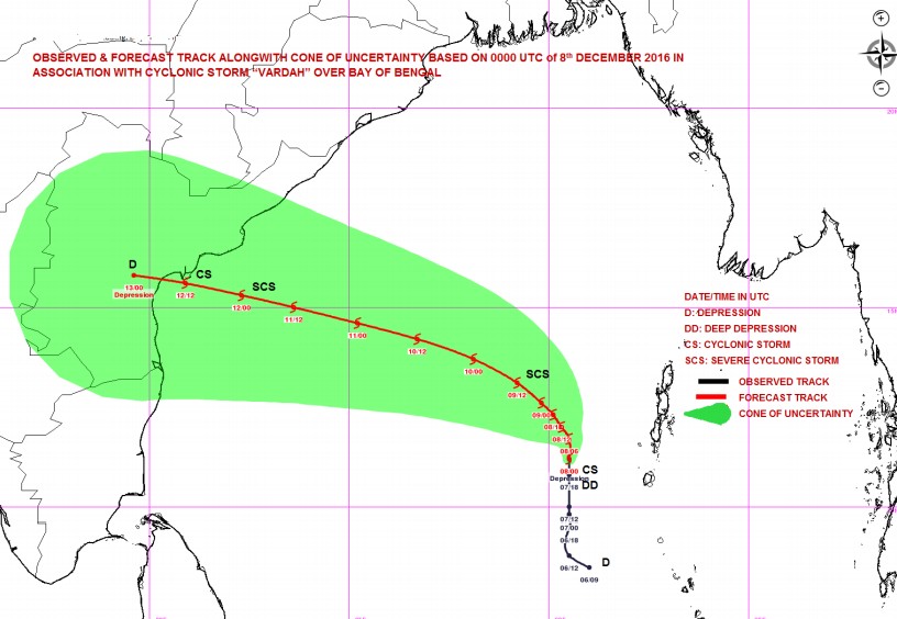 Prévision de trajectoire et inténsité de l'IMD du 08/12/16 à 00utc