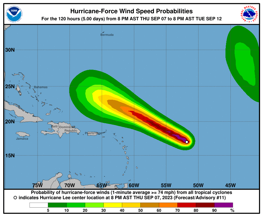 Probabilité de vent de force ouragan sur 1 min - NHC