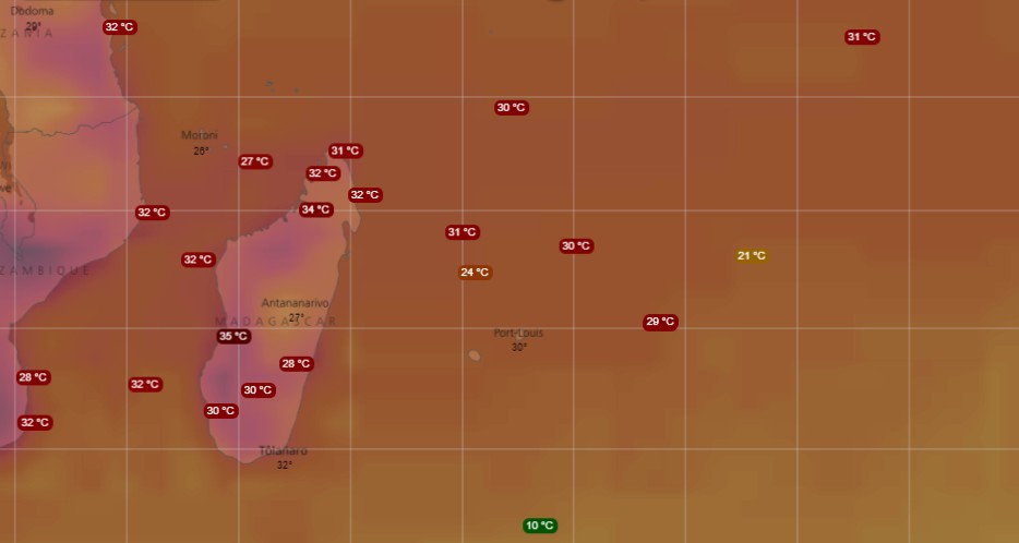 Carte des températures dans le sud-ouest de l'océan indien (WINDY)