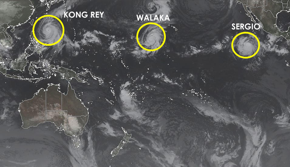 Super Typhon KO?G REY, Ouragan WALAKA et Ouragan SERGIO ©Real Earth