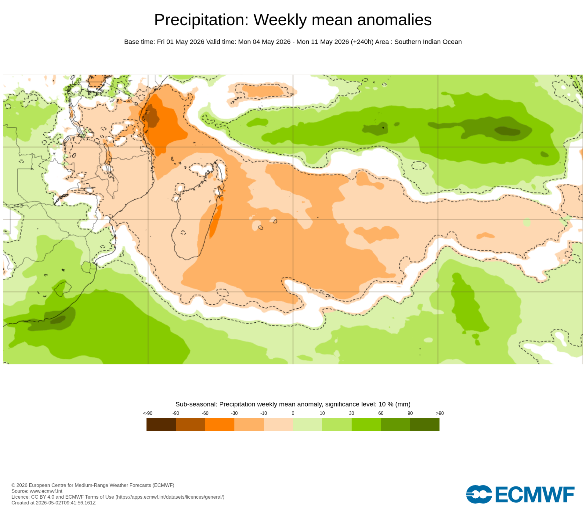 20260502094158 Anomalies de précipitations : Un déficit marqué sur le Sud-Ouest de l'Océan Indien (4 - 11 mai 2026)