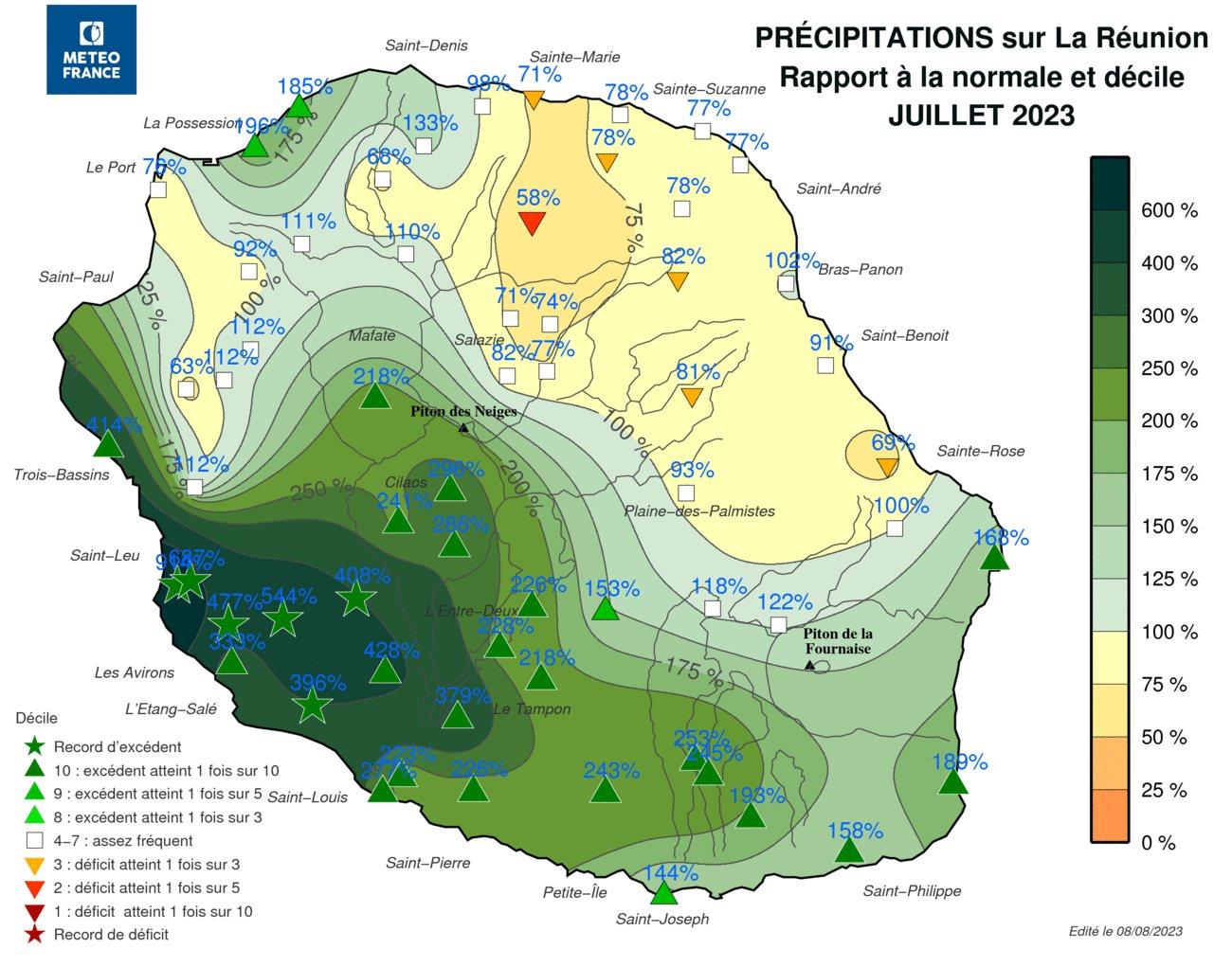 Répartition pluviométrie juillet 2023 à La Réunion