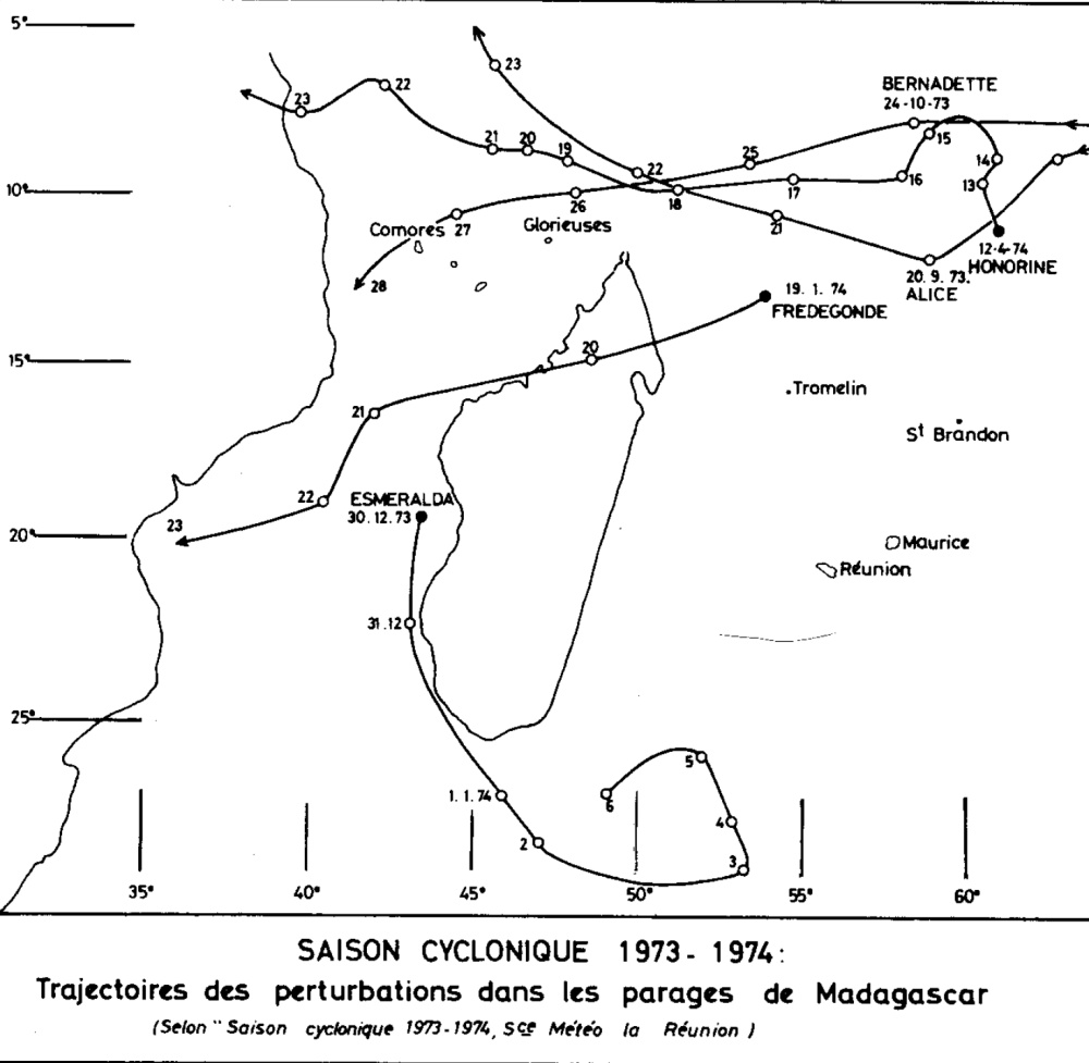 Trajectoire saison cyclonique 1973/1974