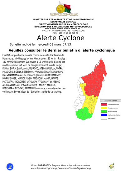 Carte des alertes en cours en ce 08/03/2017 (Météo Madagascar)