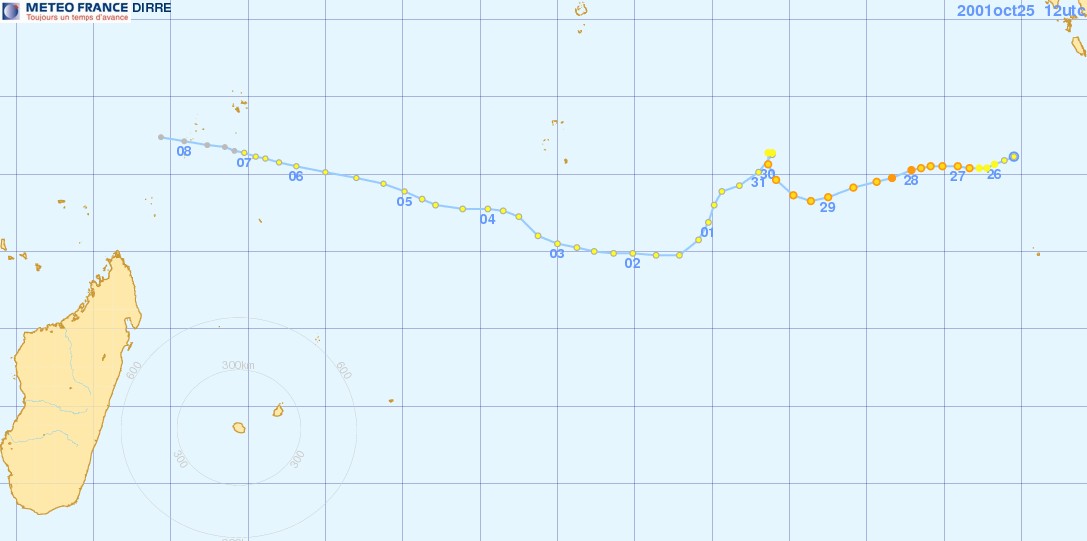 Trajectoire de la forte tempête tropicale ANDRE qui a évolué en octobre 2001