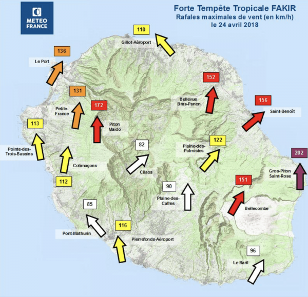 Bilan des rafales du cyclone FAKIR à La Réunion