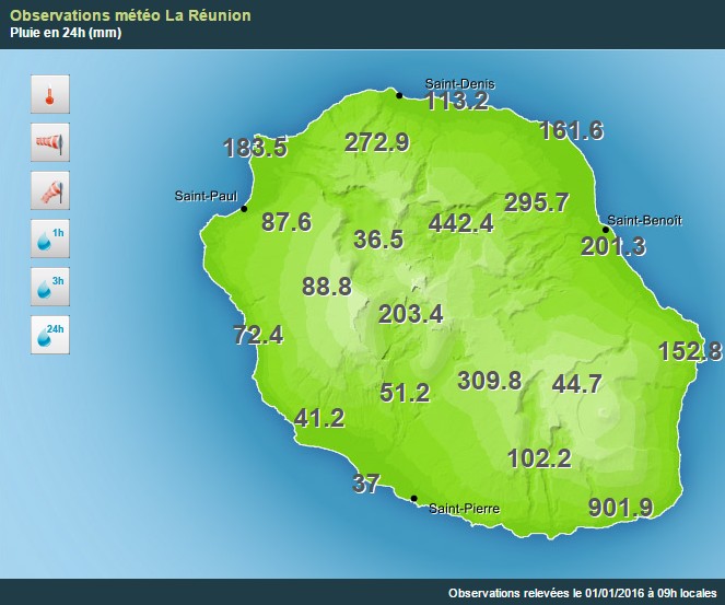 Cumul des pluies sur 24h au 1er Janvier 2016 à 9h