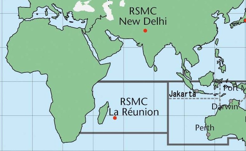 Subdivision de l'océan indien et centres météorologiques officiellement chargés du suivi cyclonique (OMM)