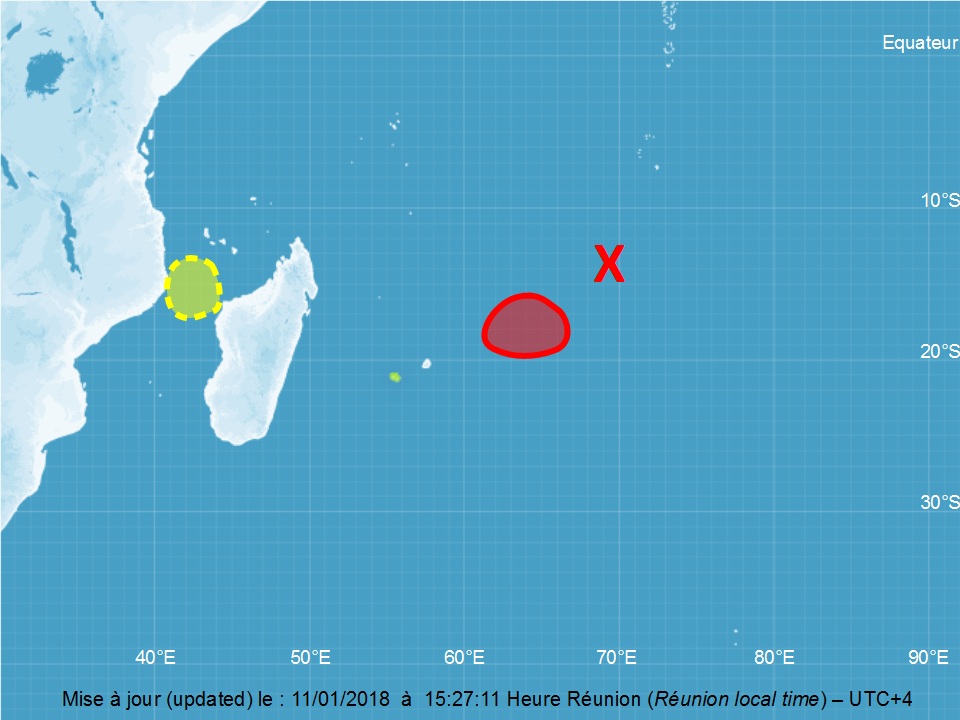 Carte de risque de cyclogenèse dans le bassin sud-ouest de l'océan indien du 11/01/2018 à 12z (Météo France)