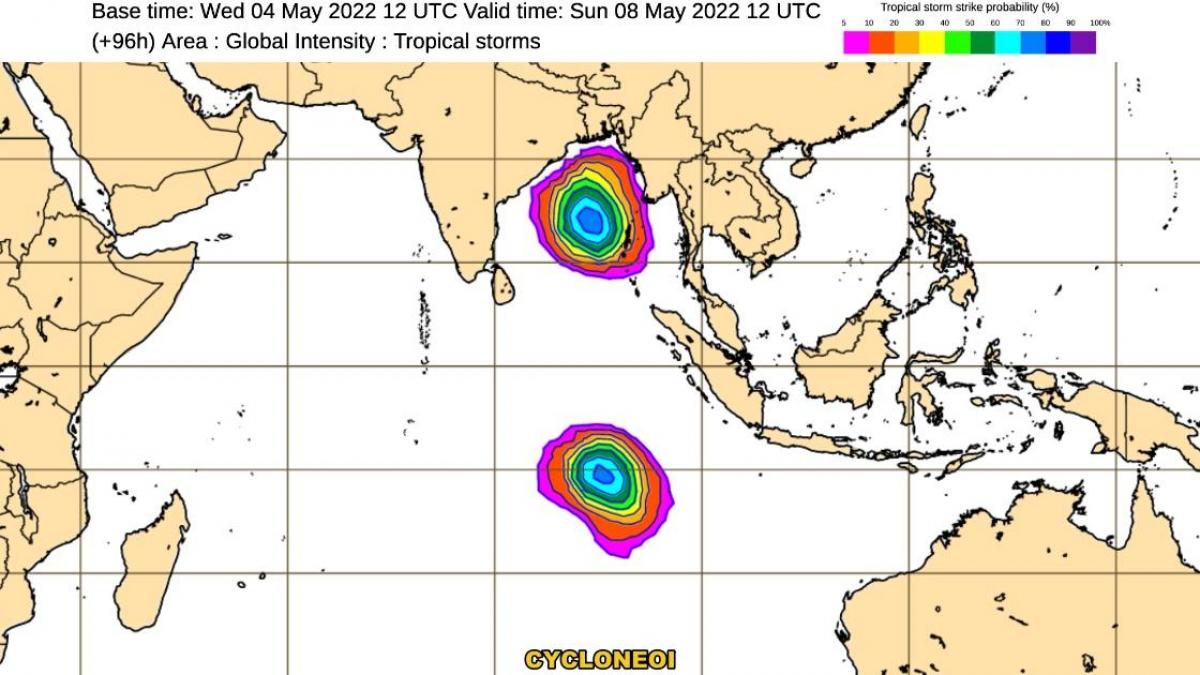 Double cyclogenèse attendue sur les deux hémisphères de l'océan indien
