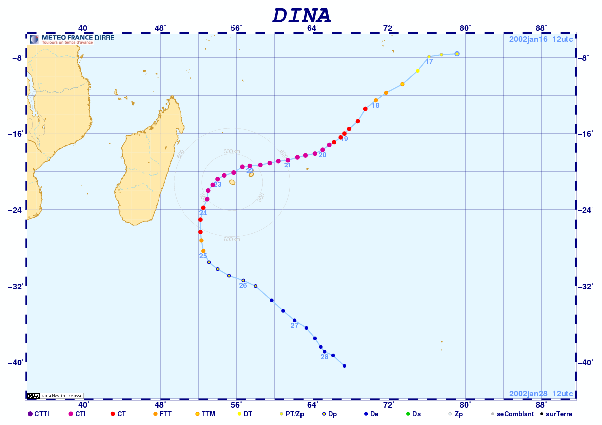 Trajectoire cyclone DINA ©Météo-France