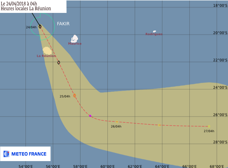 Prévision trajectoire et intensité de la FTT FAKIR à 4h ©Météo France