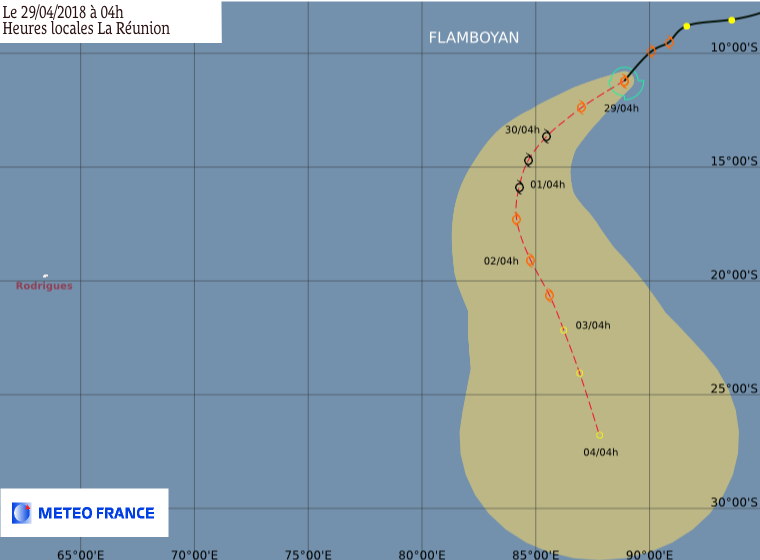 Prévision intensité et trajectoire de la tempête FLAMBOYAN ©CMRS de la Réunion