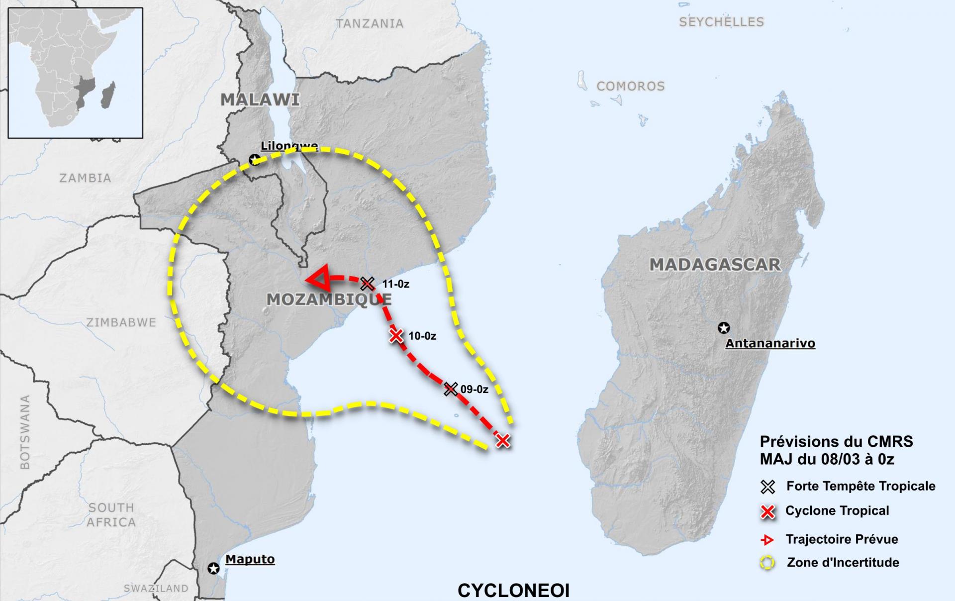 Prévision trajectoire du CMRS de La Réunion à 0z