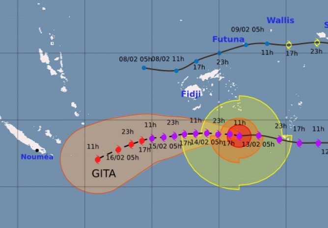 Prévision trajectoire et intensité du cyclone GITA (Météo France N. Caledonie)