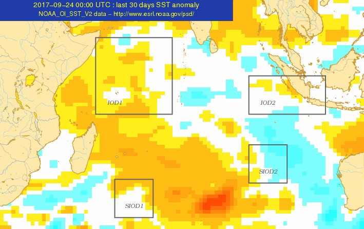 Anomalie de température océan indien sur les 30 derniers jours (Météo France)