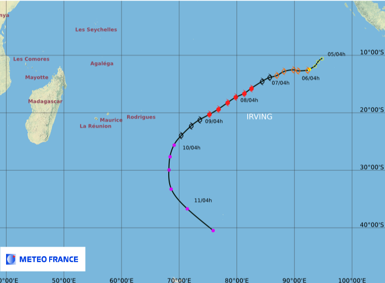 Trajectoire complète du cyclone IRVING (Météo France)