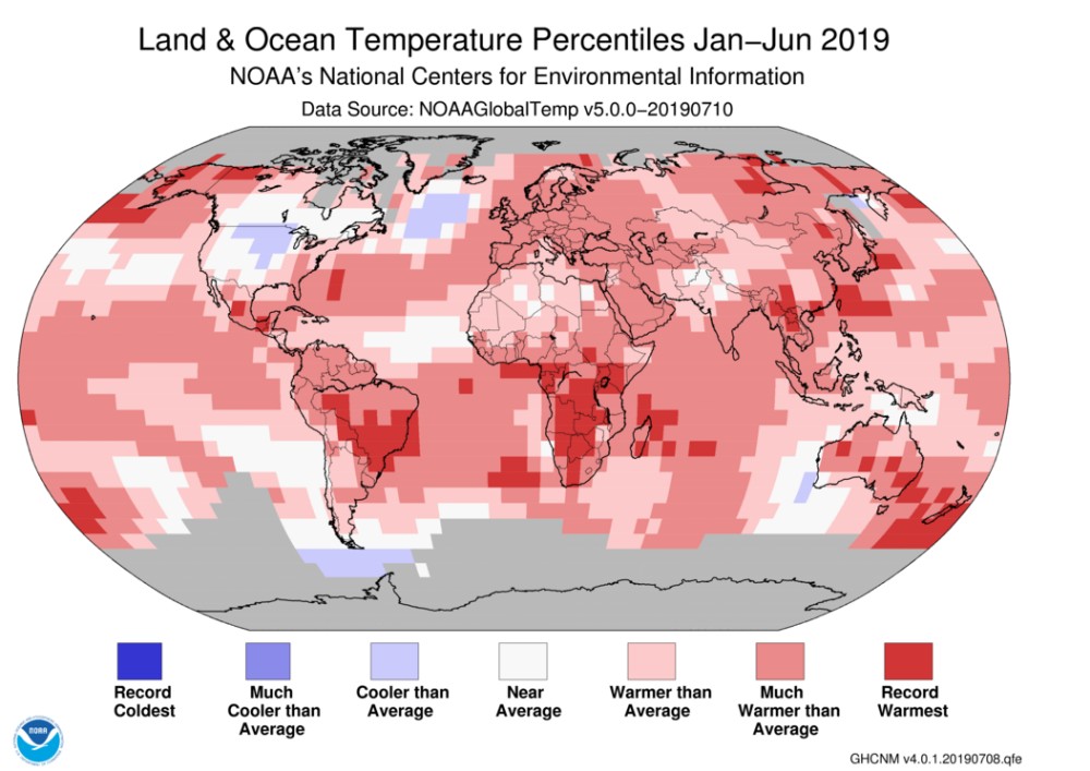 January june 2019 global temperature percentiles map