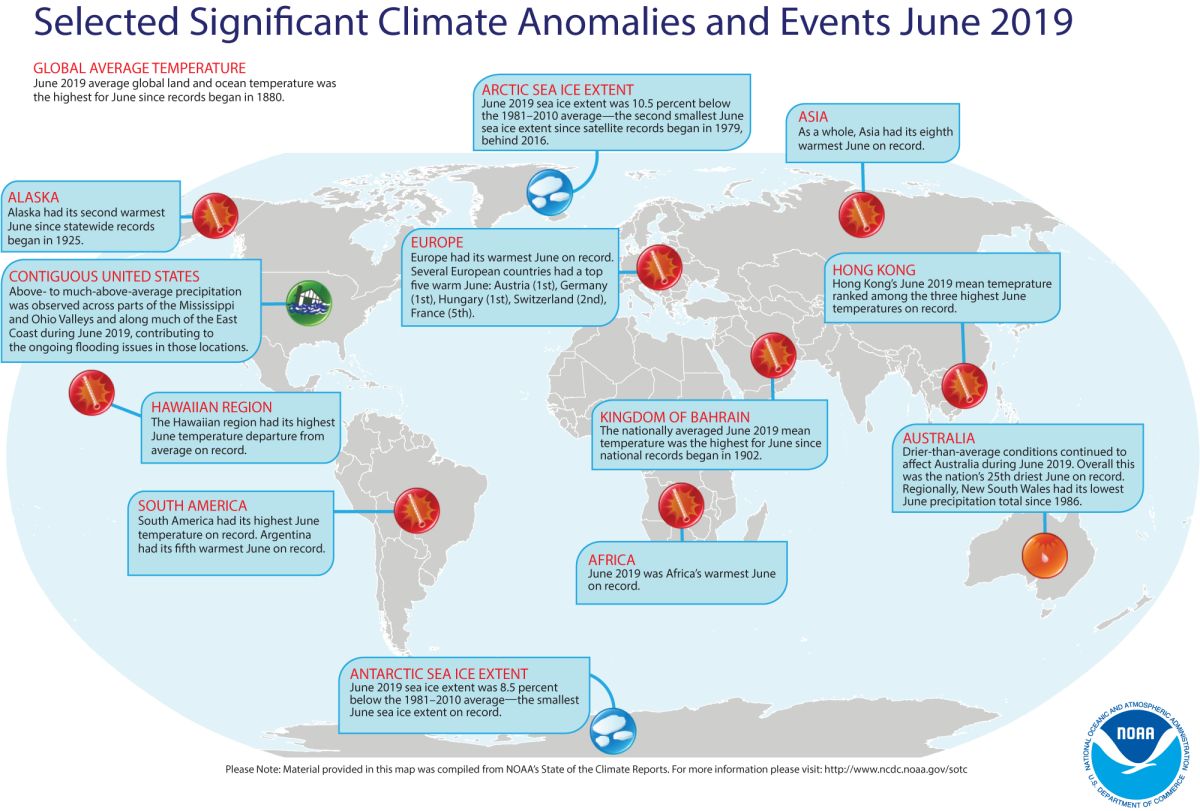 June 2019 global significant climate events map