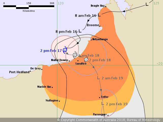 Prévision trajectoire et intensité de la tempête KELVIN (BOM)