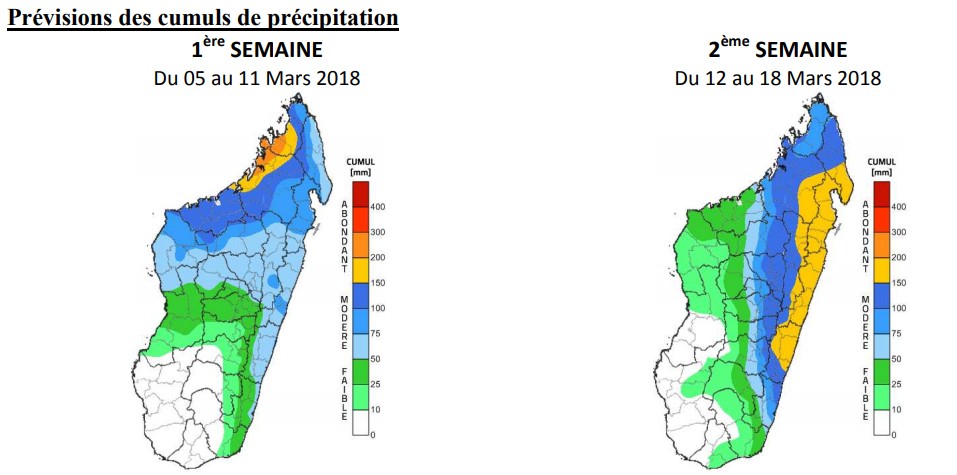 Prévisions des cumuls de précipitation des 2 prochaines semaines ©Météo Madagascar