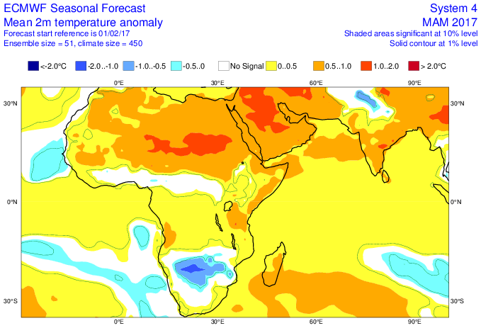 Anomalie de température mars, avril et mai (ECMWF)