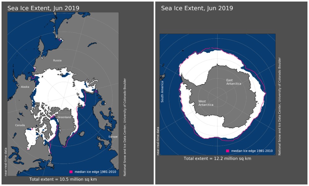 Maps of arctic and antarctic sea ice extent june 2019 noaa ncei