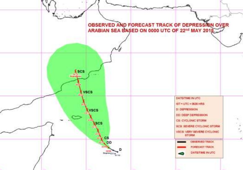 Futur Mekunu : Prévision trajectoire et intensité du 22/05/2018 à 03UTC ©IMD