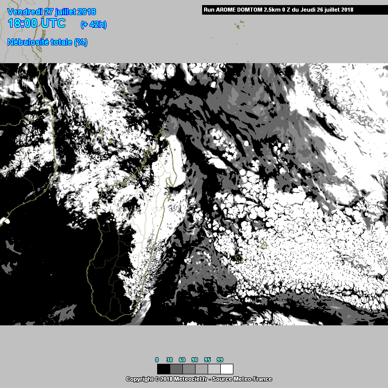 Etat de la couverture nuage simulé par le modèle AROME ©Meteociel