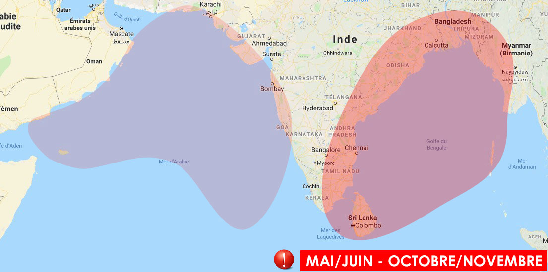 Zone à risque cyclone dans l'océan indien nord