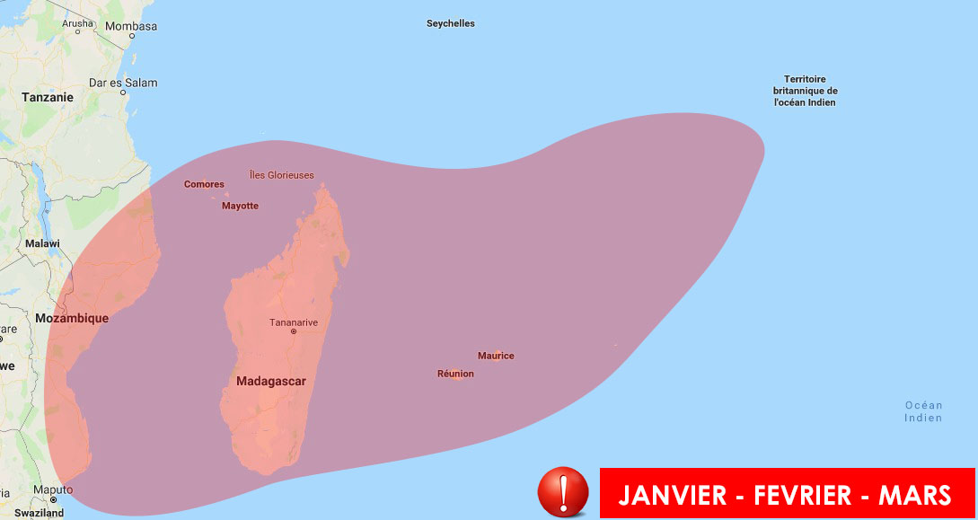 Zone à risque cyclone dans l'océan indien sud-ouest