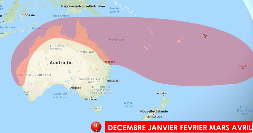 Zone à risque dans le pacifique sud et l'océan indien sud-est