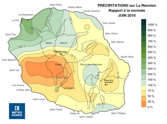 Précipitations sur la Réunion durant le mois de juin 2018 ©Météo France - cycloneoi.com