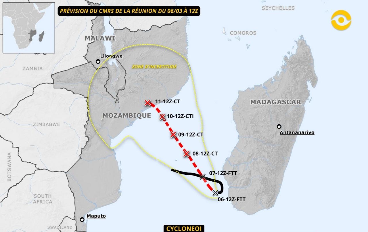 Prévision trajectoire du CMRS de La Réunion à 12z