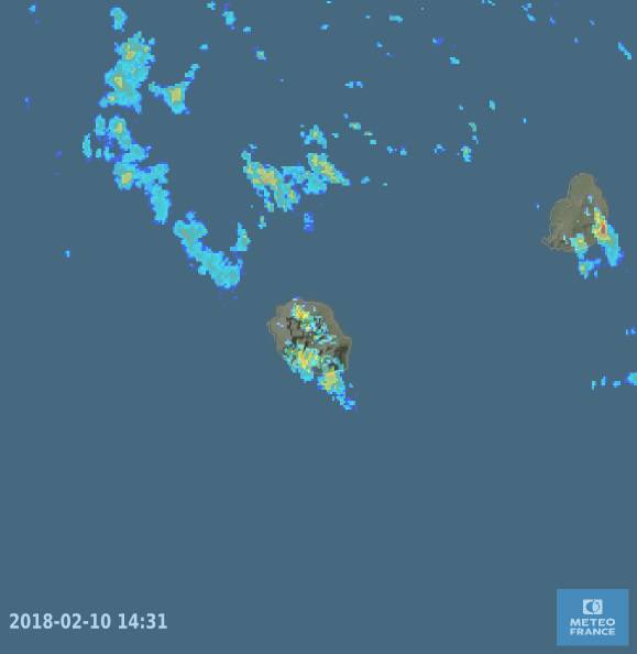 Image radar Réunion du 10/02/2018 à 14h loc (Météo France)