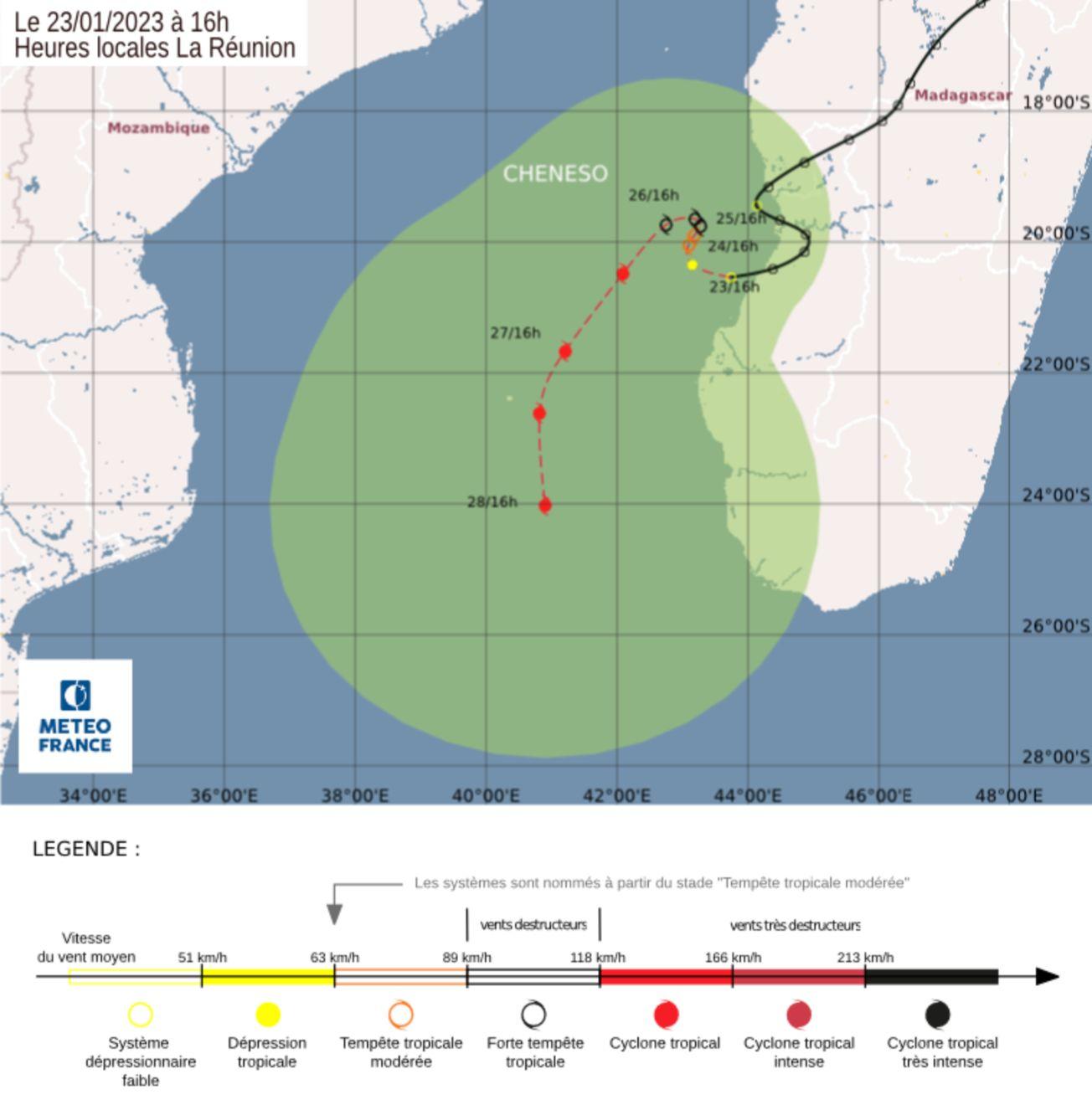 cheneso : prévision trajectoire du CMRS de La Réunion à 16h