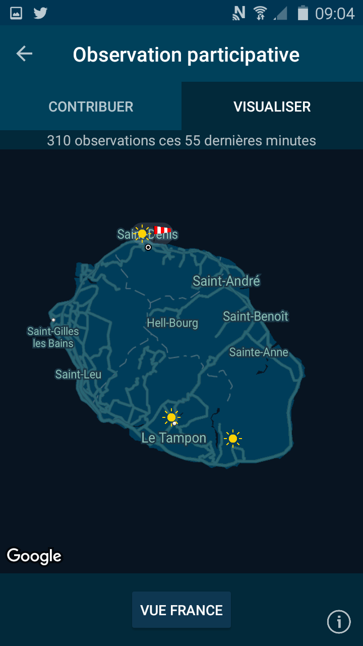 Carte d'observation participative de l'application Météo France