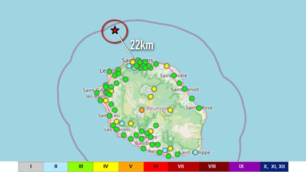 L'épicentre du séisme à 22km au Nord-Ouest de Saint-Denis de la Réunion