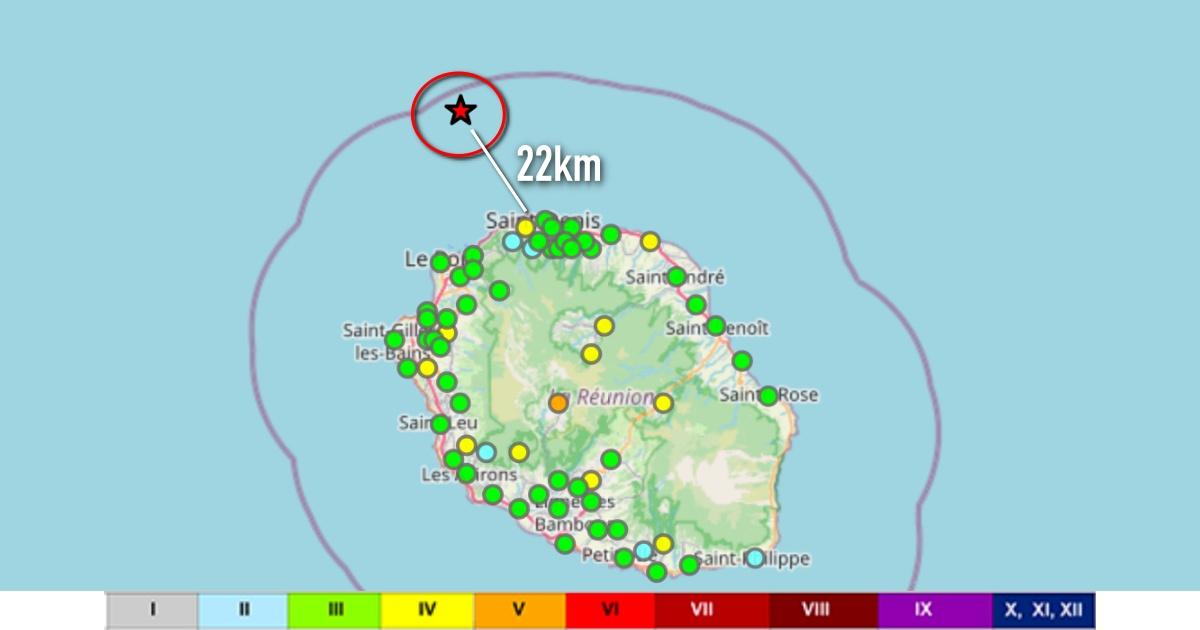 L'épicentre du séisme à 22km au Nord-Ouest de Saint-Denis de la Réunion