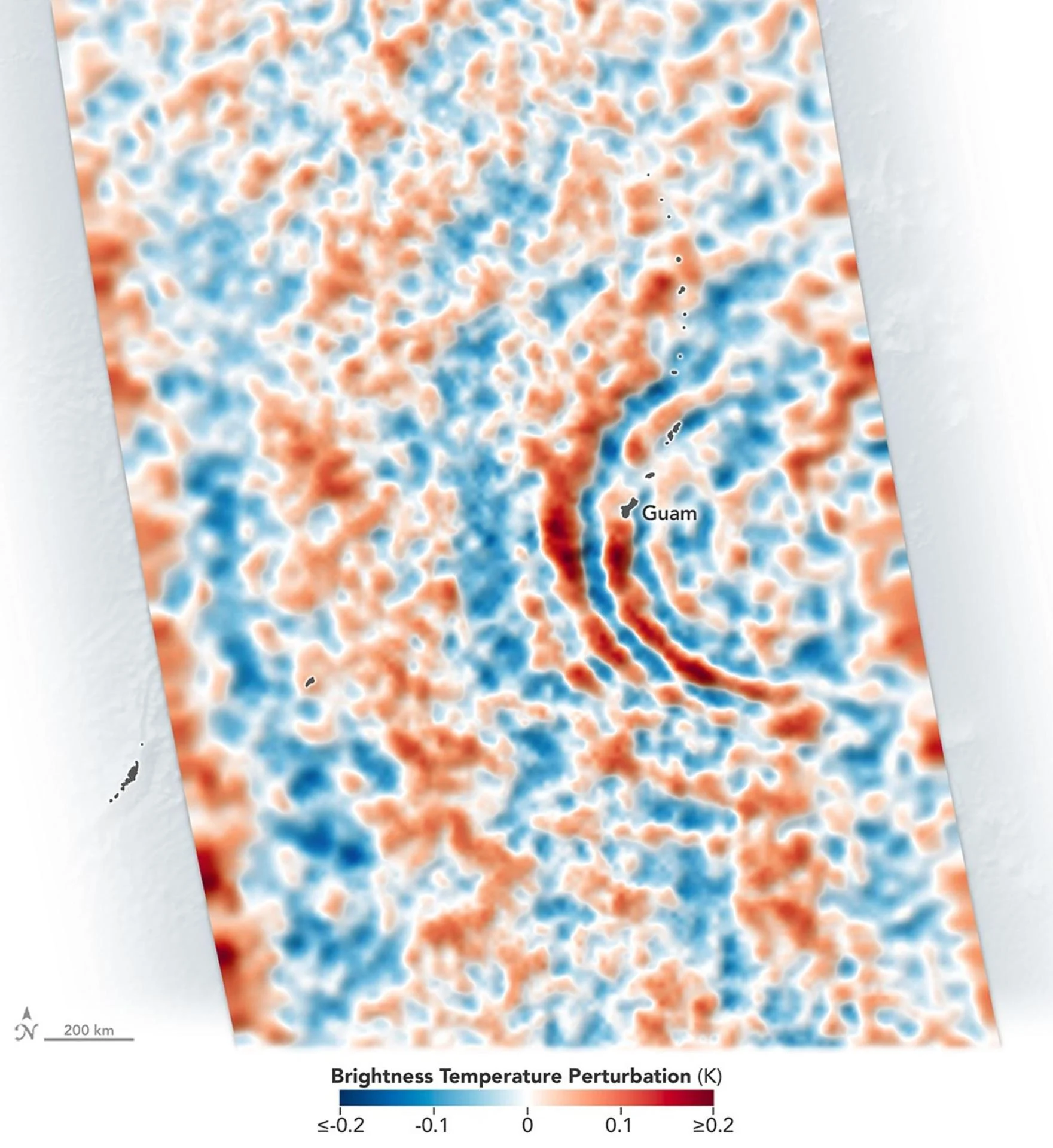 Visualisation des ondes de gravité atmosphériques générées par le super typhon Sinlaku dans la stratosphère au-dessus de Guam.