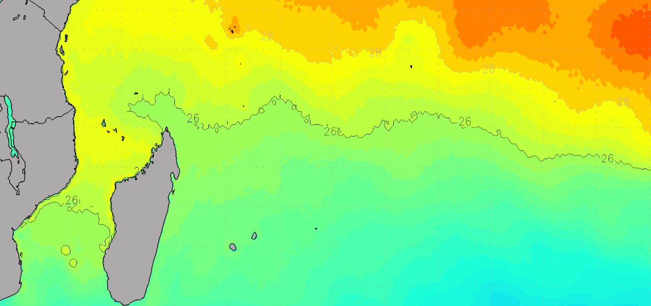 Carte de température de la surface de l'océan indien sud-ouest (image : Meteoi.re)