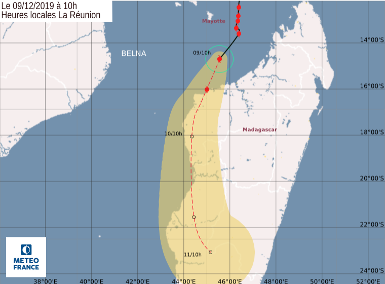 prevision trajectoire et intensité cyclone belna