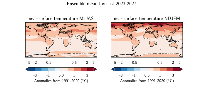 Projection d'anomalie de température pour la période 2023-2027 selon l'OMM