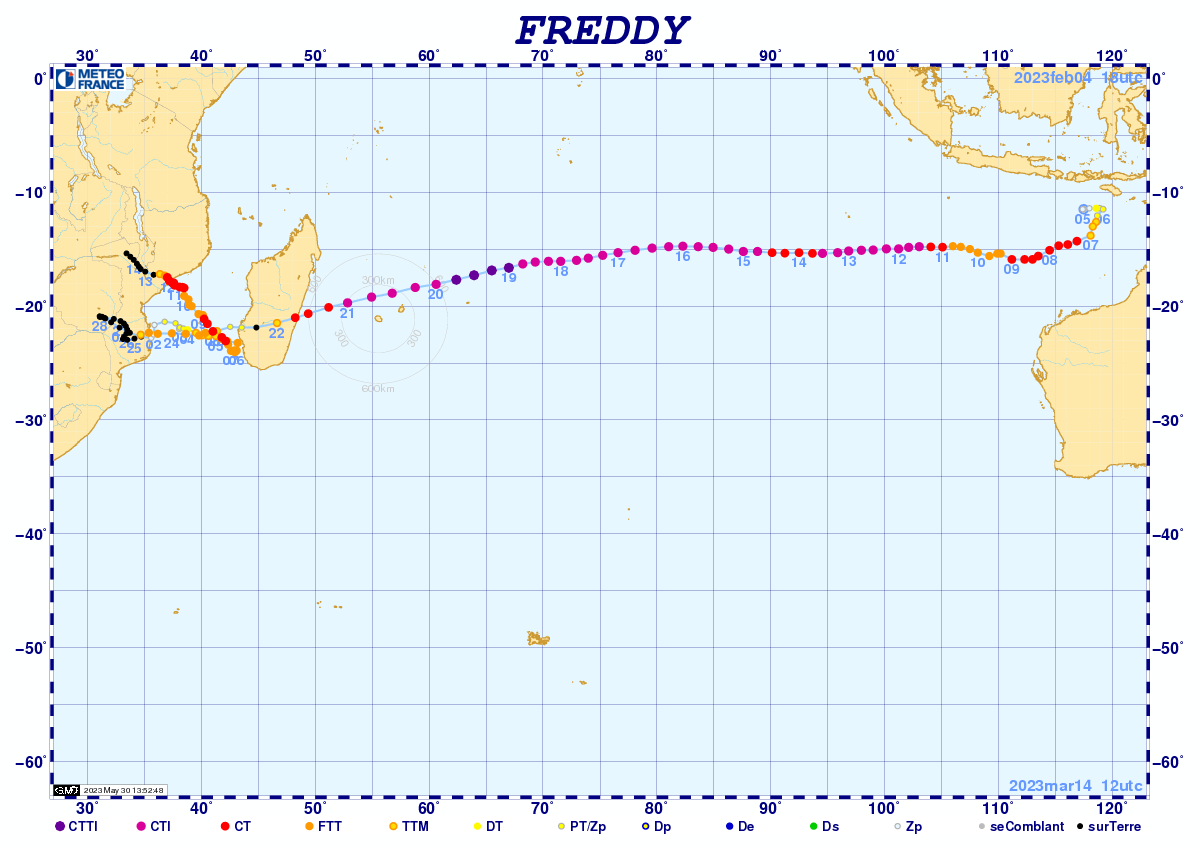 Trajectoire complète du cyclone Freddy
